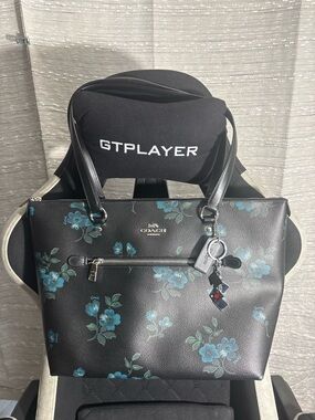 Coach Black Leather Tote with Teal Blue Floral Print